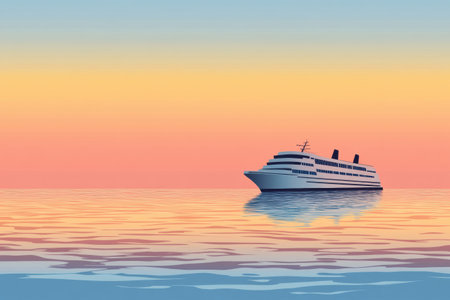 A large cruise ship sails smoothly across tranquil waters as the sun sets, casting colorful hues on the sky and reflecting on the sea.の素材