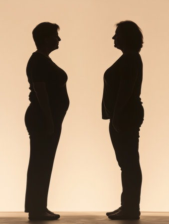 A striking silhouette represents a persons weight loss journey, showing significant changes in body shape and confidence levels.の素材