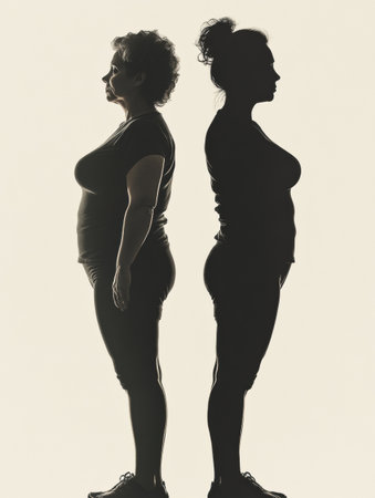 A powerful silhouette contrasts a persons body before and after weight loss, highlighting their remarkable transformation.の素材