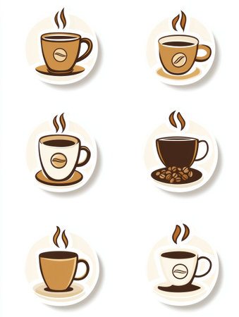 Set of six colorful style stickers showcasing various coffee cups and coffee beans, perfect for cafe themed projects or personal items.の素材