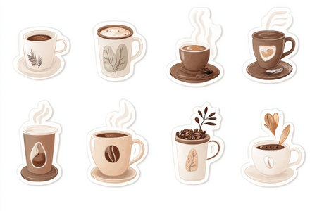 Collection of style stickers depicting different coffee cups and coffee beans, perfect for adding a warm touch to digital designs.の素材