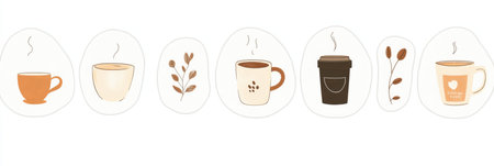 Colorful stickers showcase an assortment of coffee cups and beans, perfect for adding charm to craft projects or digital designs.の素材