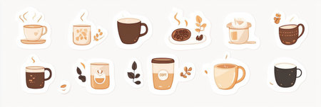 Colorful style stickers illustrate various coffee cups and beans, perfect for decorating notebooks or expressing love for coffee culture.の素材
