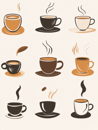 Colorful style stickers showcase different coffee cup designs with steam, beans, and leaves, perfect for adding flair to any project.の素材