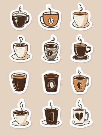 Colorful stickers showcase different coffee cups and beans, perfect for decorating journals, planners, or any coffee related project.の素材