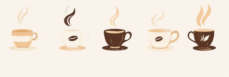 Set of stickers showcases diverse coffee cups with steam and coffee beans in a warm color palette suitable for beverage lovers.の素材