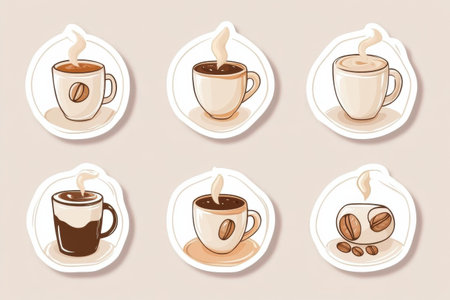 A collection of charming style stickers featuring various coffee cups with steam and delightful coffee beans, ideal for enthusiasts.の素材
