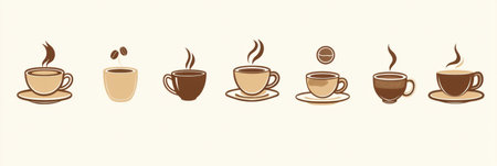 Colorful stickers showcase an array of coffee cups with steam and coffee beans, perfect for adding charm to any design project.の素材