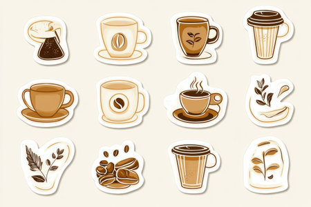 stickers of diverse coffee cups and beans, ideal for decorating planners or notebooks and celebrating coffee culture.の素材