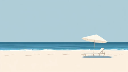 A tranquil beach offers a lounge chair under an umbrella, with gentle ocean waves lapping at the shore and a clear blue sky overhead.の素材