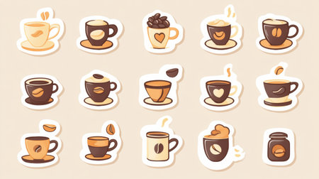 Collection of stickers showcases colorful coffee cups and beans, perfect for enhancing your digital or physical coffee themed projects.の素材