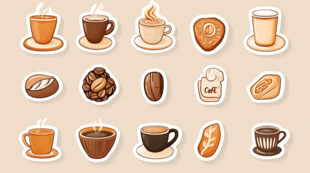 Collection of style stickers showing diverse coffee cups and coffee beans, ideal for use in creative designs and projects.の素材