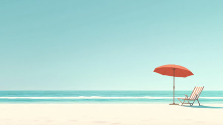 A tranquil beach offers a lounge chair with an umbrella while calm waves lap at the shore beneath a bright blue sky.の素材