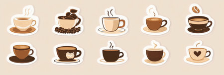 Display of unique style stickers featuring different coffee cups and coffee beans in warm colors perfect for decoration.の素材
