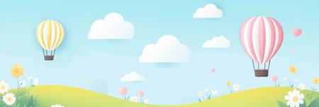 Colorful hot air balloons drift gracefully above a lush field adorned with blooming flowers under a sunny sky filled with cloudsの素材