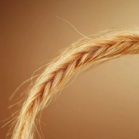 Macro shot reveals a broken strand of hair against a warm background, showing detailed textures and colors in natural light.の素材