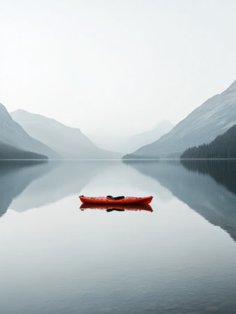 A solitary kayak floats on a still mountain lake, embraced by foggy peaks and mirrored reflections, evoking a sense of peace and solitude.の素材