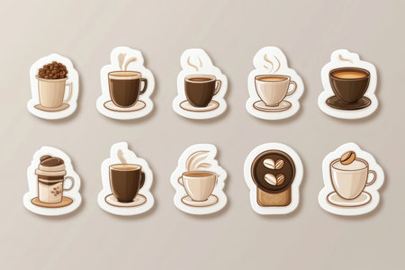 Colorful stickers display various stylish coffee cups and coffee beans, perfect for enhancing personal items or business branding.の素材