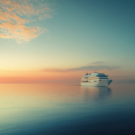 A large cruise ship glides smoothly over tranquil waters, illuminated by the warm hues of a stunning sunset far off the horizon.の素材
