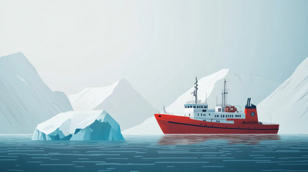 A research vessel sails through frigid waters with a significant iceberg in view, surrounded by snowy mountains in the arctic.の素材