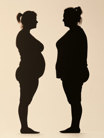 A silhouette shows a person in two stages of weight loss, revealing the impressive transformation and commitment to health and fitness.の素材