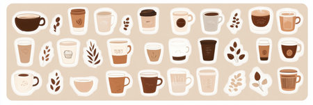 A variety of stickers featuring coffee cups and beans adds charm to any creative project or personal collection.の素材