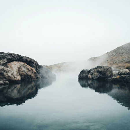 A tranquil hot spring showcases steam gently rising above rocky edges, creating a serene atmosphere in a natural setting of soft hills.の素材