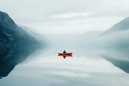 A lone kayaker glides across a calm mountain lake in the early morning, surrounded by misty mountain peaks and tranquil waters.の素材