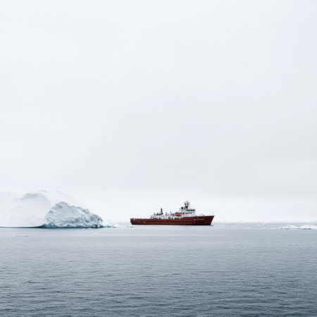 A vessel moves carefully through chilly waters beside a massive iceberg in a tranquil, foggy environment surrounded by nature.の素材