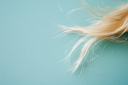 Detailed macro shot captures a broken strand of light blonde hair, showing its texture and split ends on a calming blue background.の素材