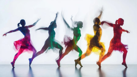 Silhouettes of dancers express themselves through dynamic movements, showcasing vibrant colors that capture the energy of performance.の素材