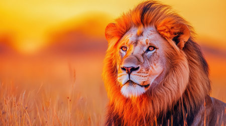 A bold lion portrait showcases rich colors and details, set against a brilliant savanna sunset, providing an ideal canvas for added text.の素材