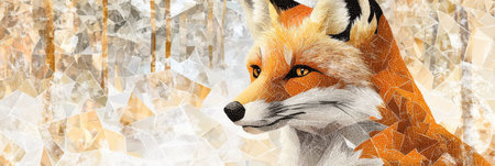 This striking fox portrait showcases intricate tessellated patterns amidst a serene snowy forest, blending art and nature beautifully.の素材
