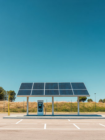 A solar powered electric vehicle charging station features rooftop solar panels and stands against a clear sunny sky, showcasing minimalist design.の素材
