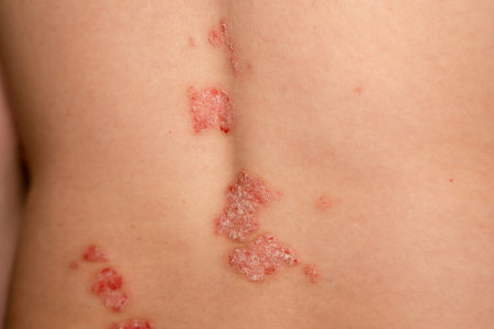 Red, scaly patches are visible on the back of a person, highlighting the symptoms of psoriasis as it...