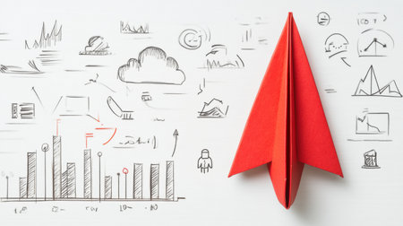 A vibrant red paper plane rests against a backdrop filled with business strategy sketches, signifying innovation and potential for success.の素材