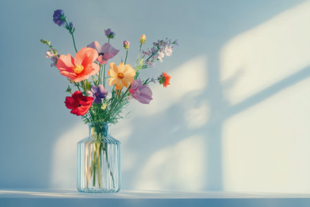 A glass vase holds a vibrant bouquet of flowers with various colors, creating beautiful shadows on a light colored wall.の素材