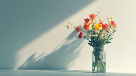 A colorful arrangement of roses and wildflowers stands in a glass vase. Morning sunlight creates elegant shadows on a white wall.の素材
