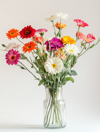 Bright gerbera daisies in a clear vase add cheer and color to a well lit indoor space.の素材