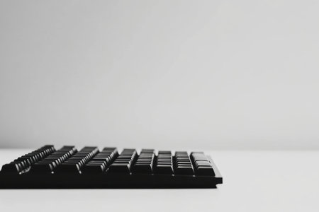 A sleek black mechanical keyboard rests on a clean, minimal desk. The understated design and neutral background offer a modern workspace feel.の素材