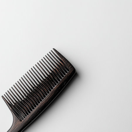 A detailed look at a comb resting on a plain background with strands of hair, allowing space for additional text and information.の素材