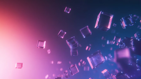Translucent cubes drift gracefully through a colorful backdrop of purple and pink hues, creating a captivating atmosphere in twilight.の素材