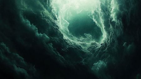 Dramatic swirling clouds create a mesmerizing atmosphere over a darkened sky during twilight hours. Generative AIの素材