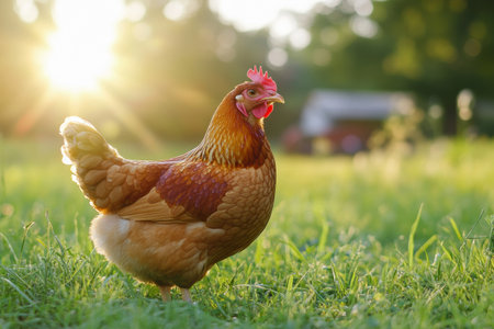 A brown chicken is seen roaming freely in a lush green field under warm sunlight, capturing a peaceful rural moment in the late afternoon.の素材