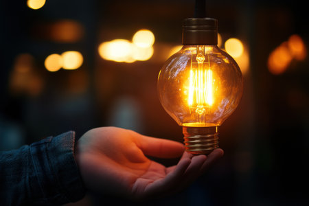 A hand grasps a vintage light bulb that radiates warm light, creating a cozy atmosphere with blurred lights in the background.の素材