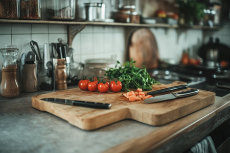 Fresh ripe tomatoes and chopped vegetables are placed on a wooden cutting board, highlighting the kitchens cooking activity.の素材