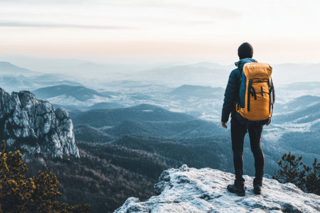 A person with a yellow backpack gazes at vast mountain vistas filled with rolling hills and valleys under a soft morning sky.の素材
