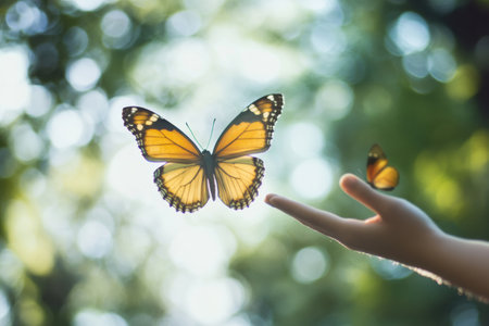 A butterfly with vibrant orange wings gracefully rests on a hand in a lush green environment, capturing a moment of tranquility and natures beauty.の素材