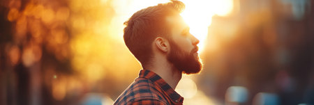 A man stands in profile against a vibrant sunset, surrounded by an urban landscape, embracing the tranquility of the moment.の素材