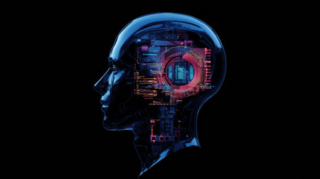 Side profile showcases a human head with intricate mechanical elements and a vibrant robotic eye, depicting a high tech vision of the future.の素材